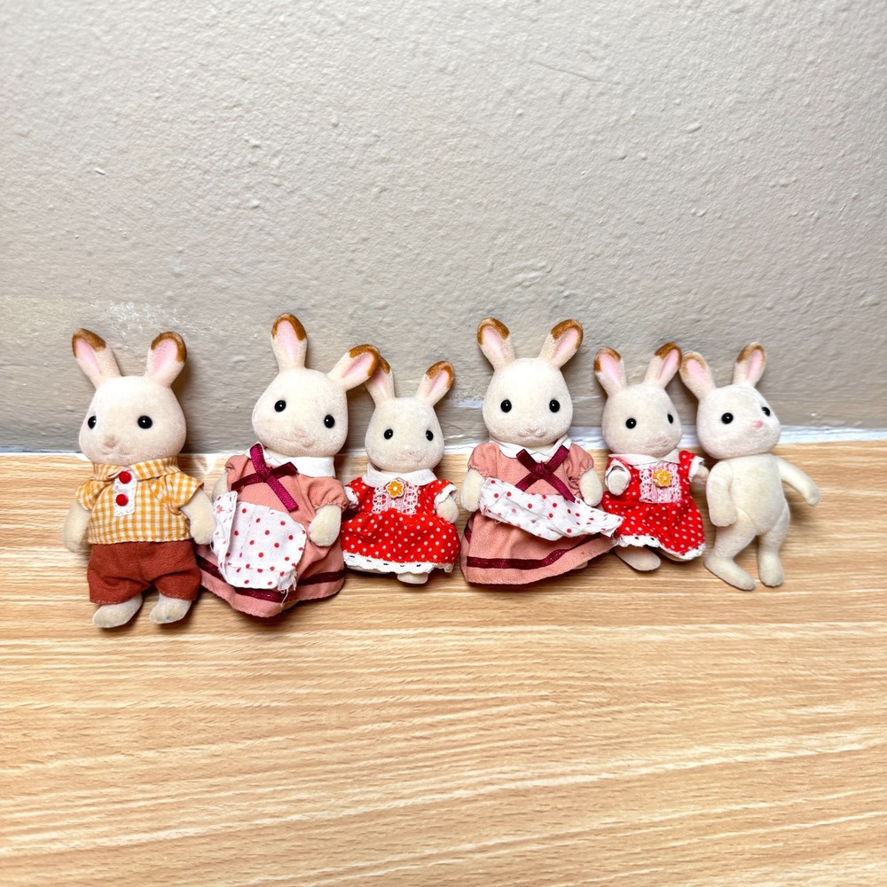 Vintage Sylvanian Families Chocolate Rabbit Miniature Flocked Figures Lot of 6